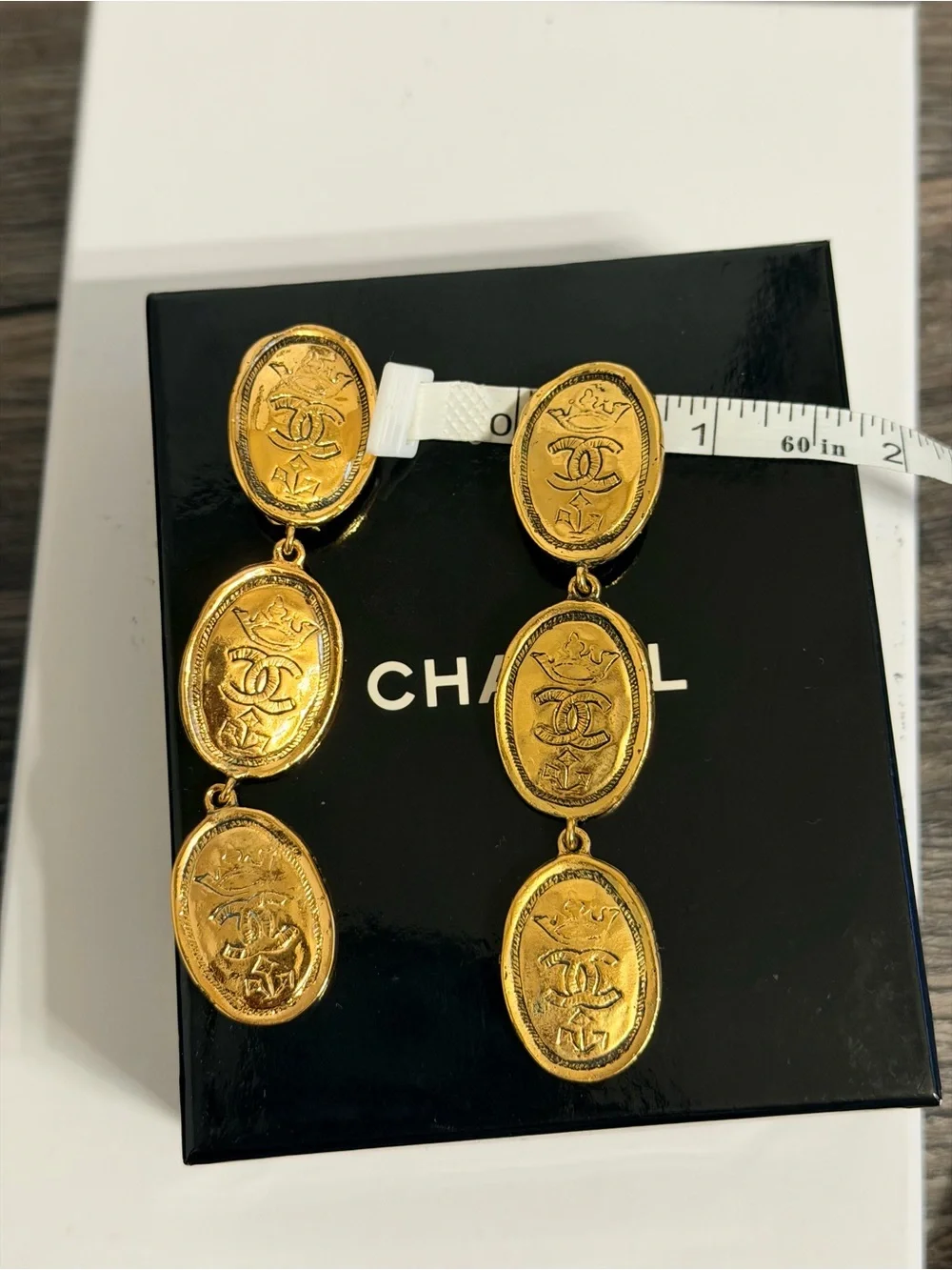 CHANEL Vintage Gold CC Crown Oval Drop Clip On Earrings